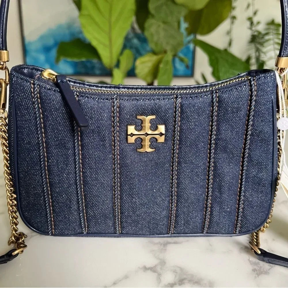NWT Tory Burch Kira Denim Mini Quilted Crossbody Shoulder Bag Gold Navy Blue